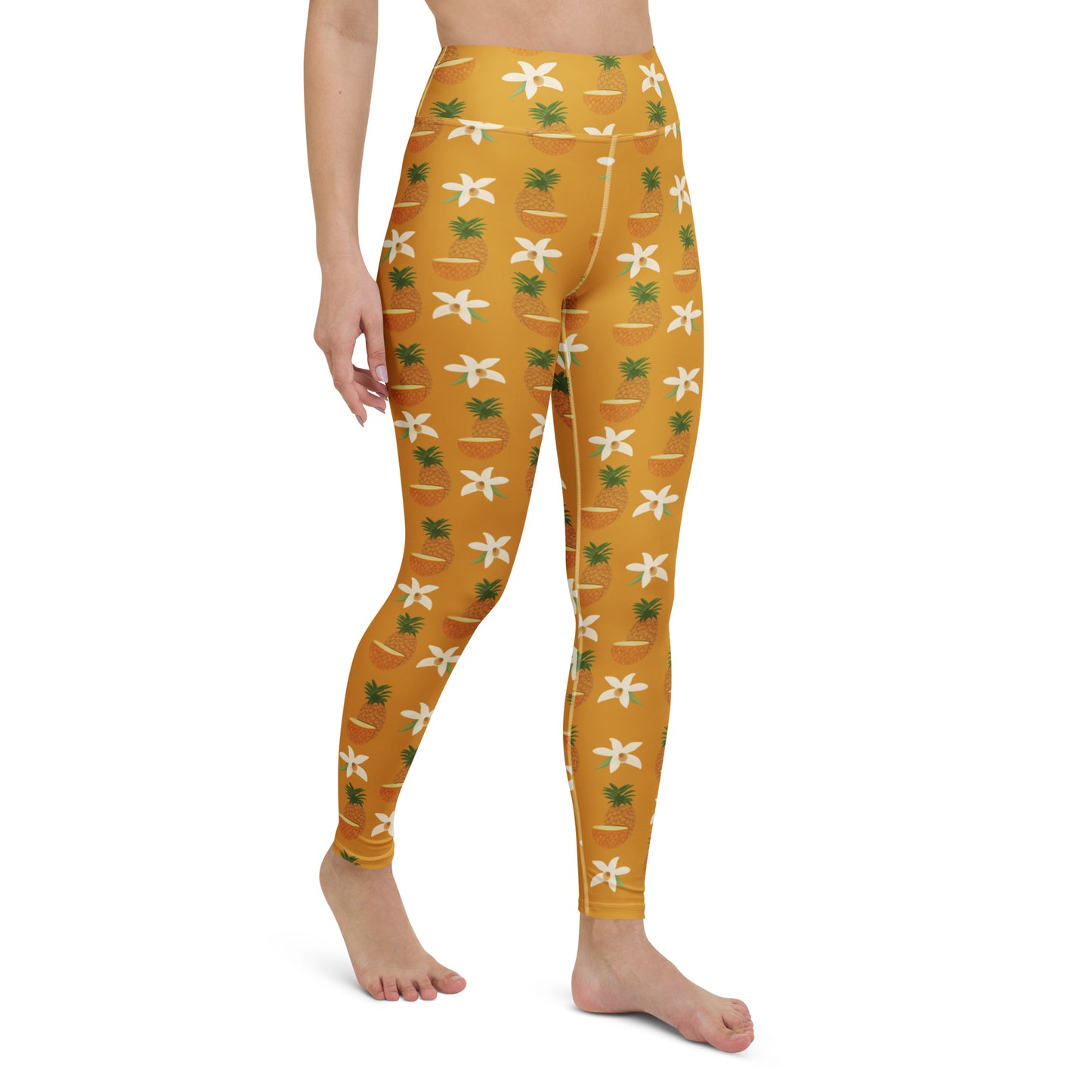 right front view of model wearing pineapple yoga leggings
