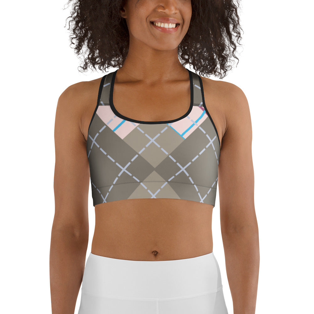 front view of model wearing argyle sports bra in beige