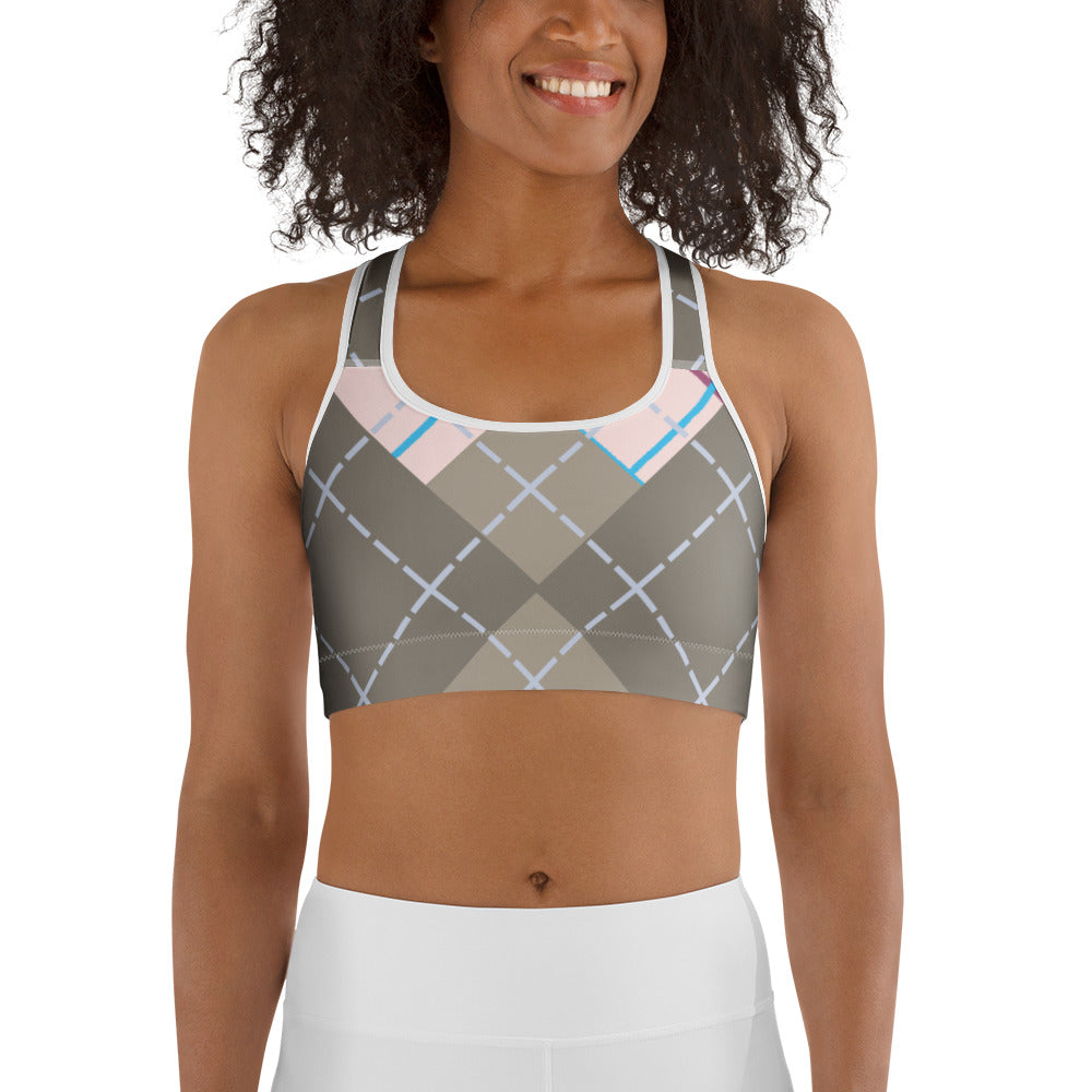 front view of model wearing argyle sports bra in beige