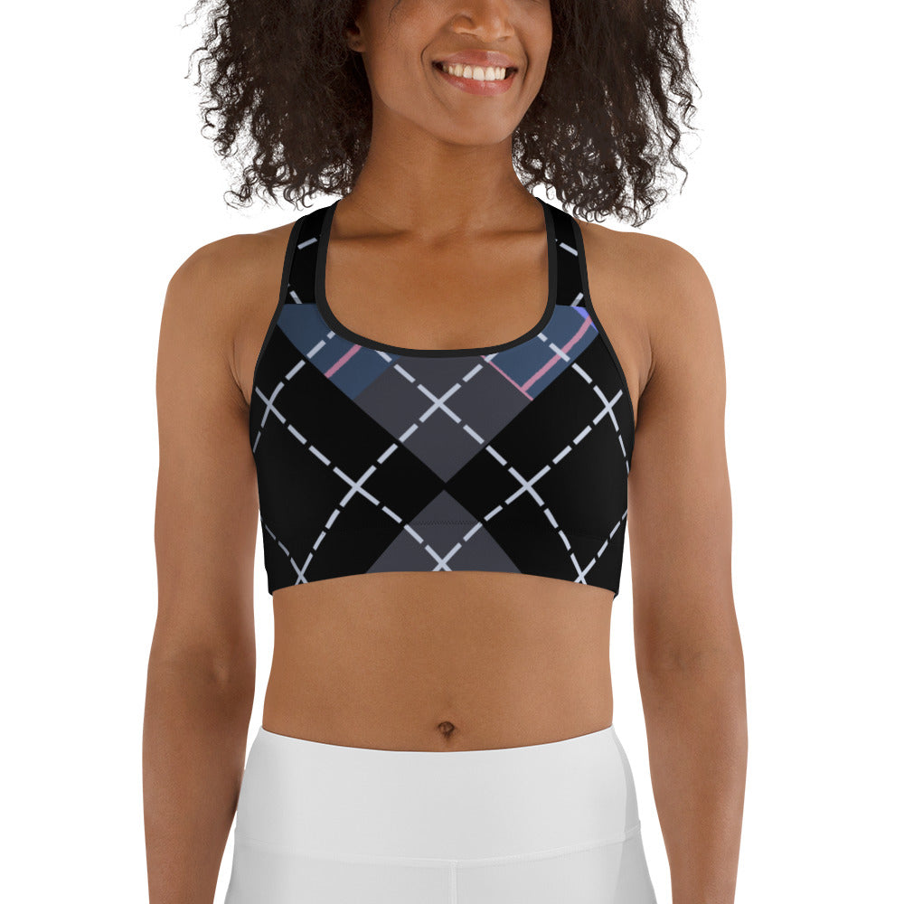 front view of model wearing argyle sports bra in black