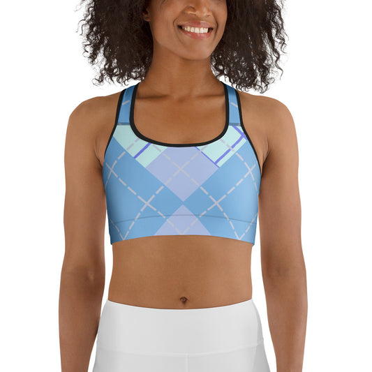 front view of model wearing sports bra argyle in blue