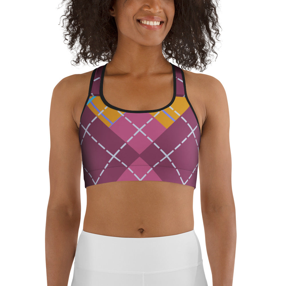 front view of model wearing argyle sports bra in pink