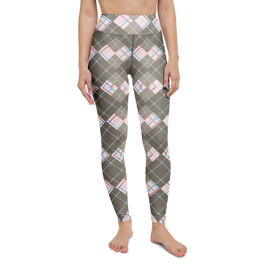 front view of model wearing beige argyle yoga leggings