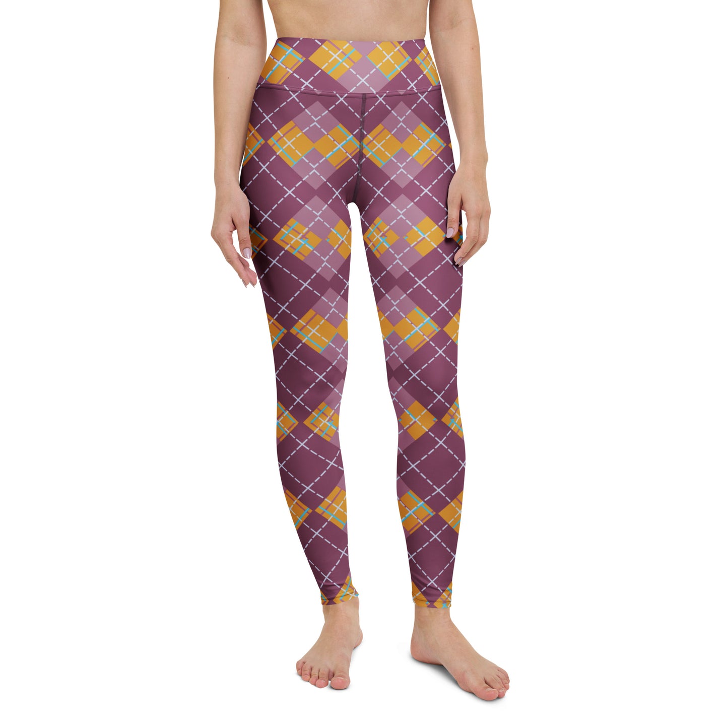 front view of model wearing pink argyle yoga leggings
