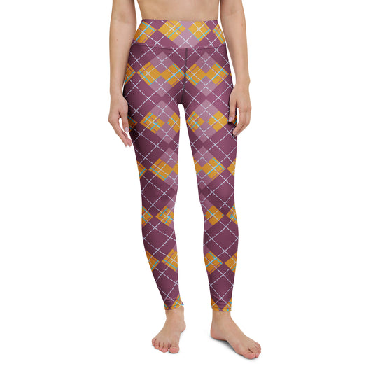 front view of model wearing pink argyle yoga leggings