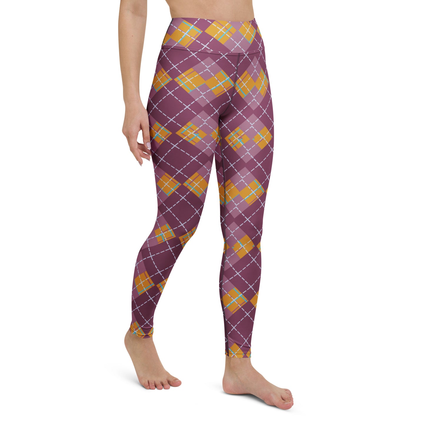 right front view of model wearing pink argyle yoga leggings