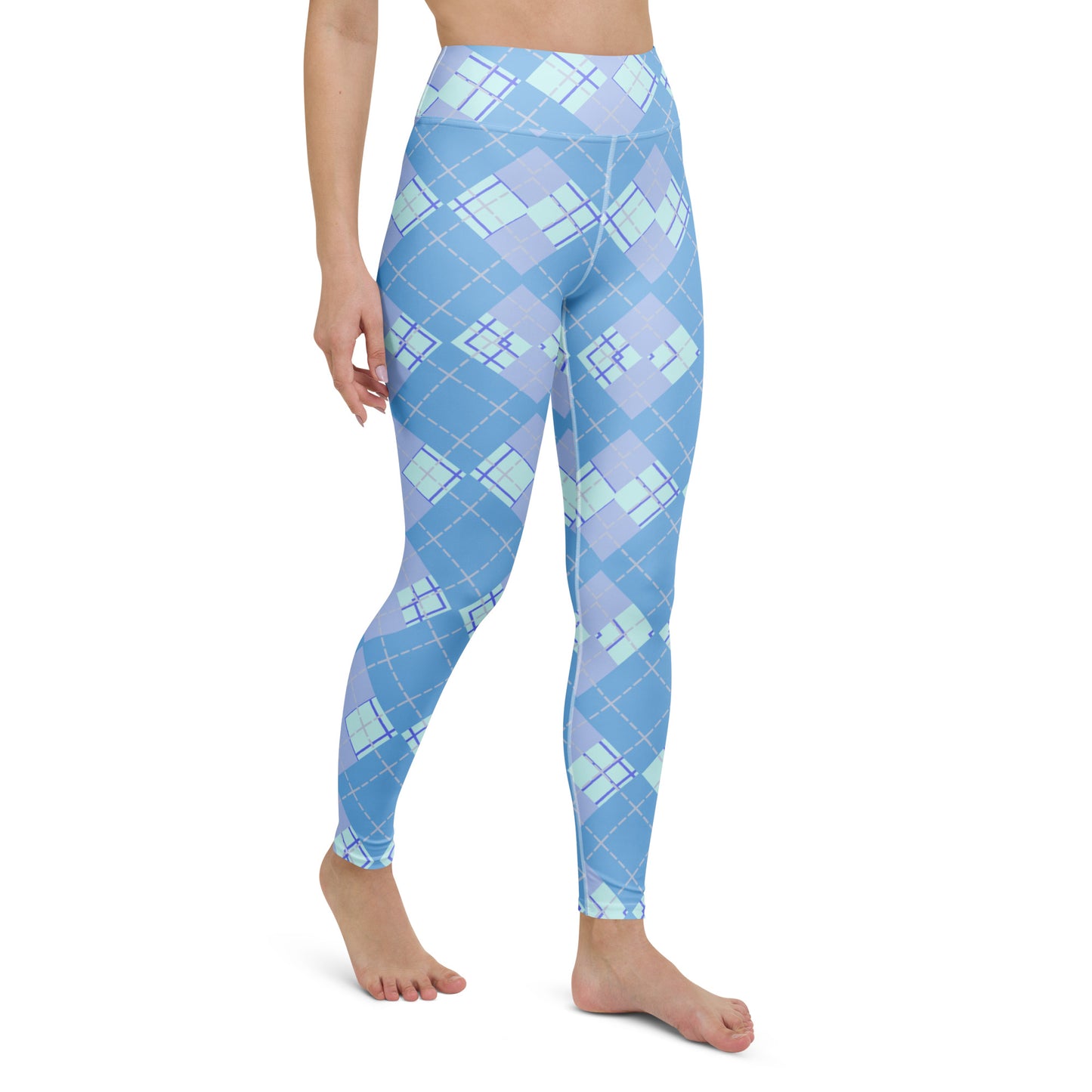 right front view of model wearing blue argyle yoga leggings