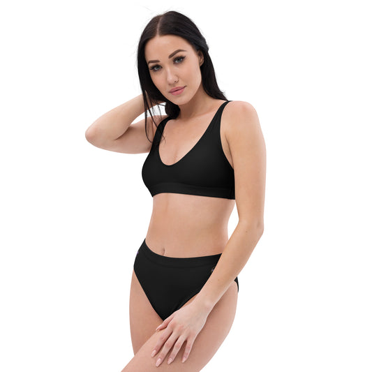 front view of model wearing black  butterfly high-waist bikini 