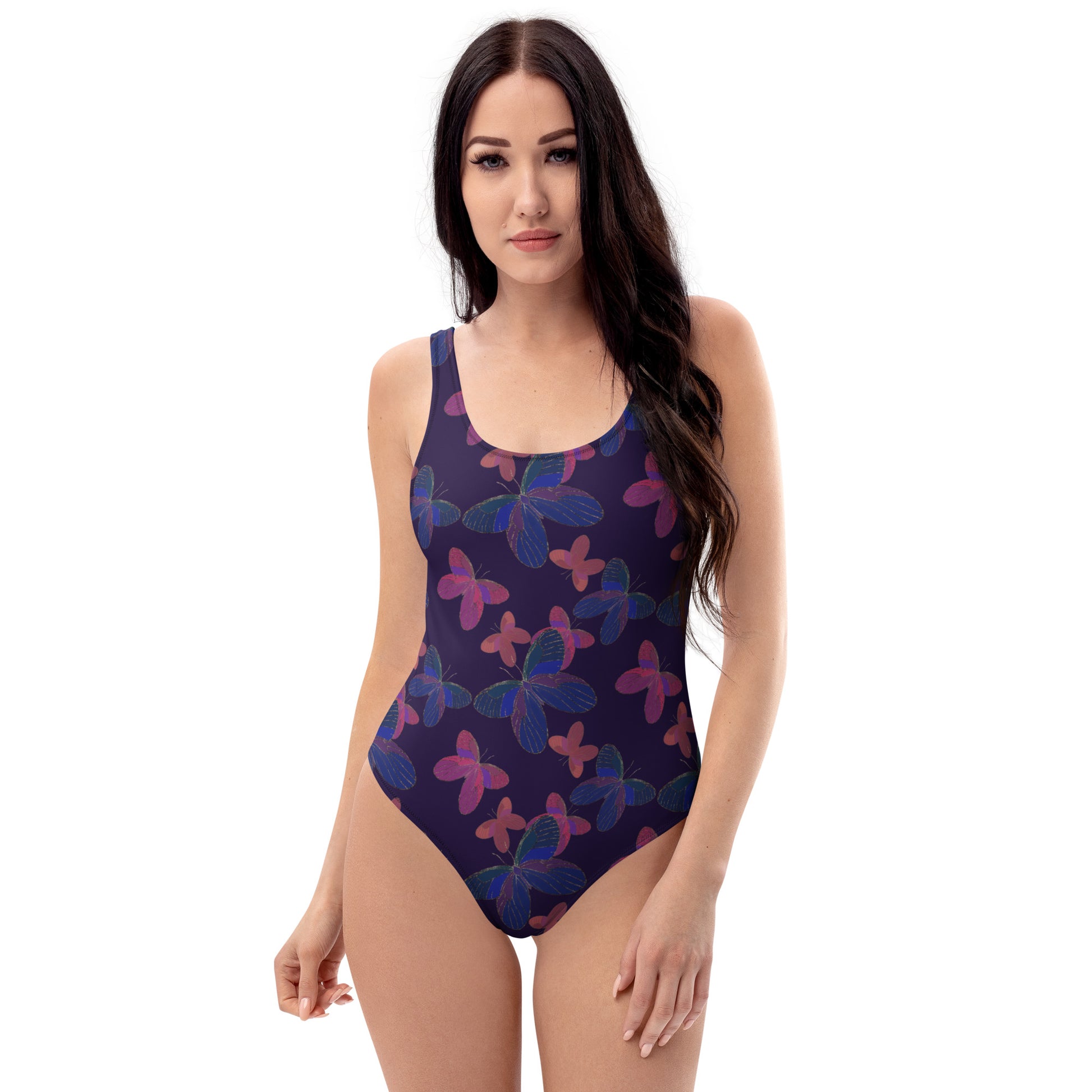 front view of model wearing butterfly one piece swimsuit in purple