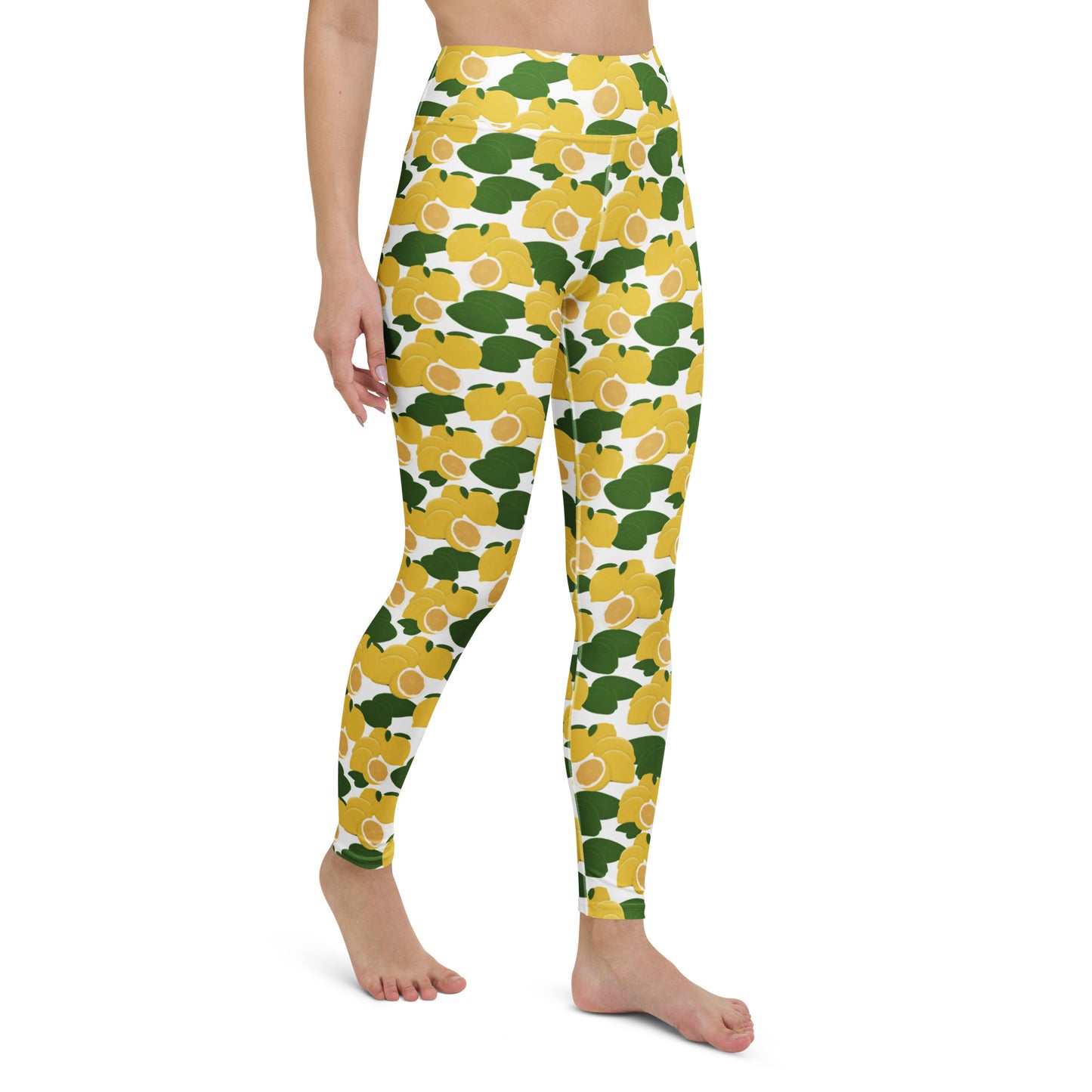 right front view of model wearing citrus lemon yoga leggings