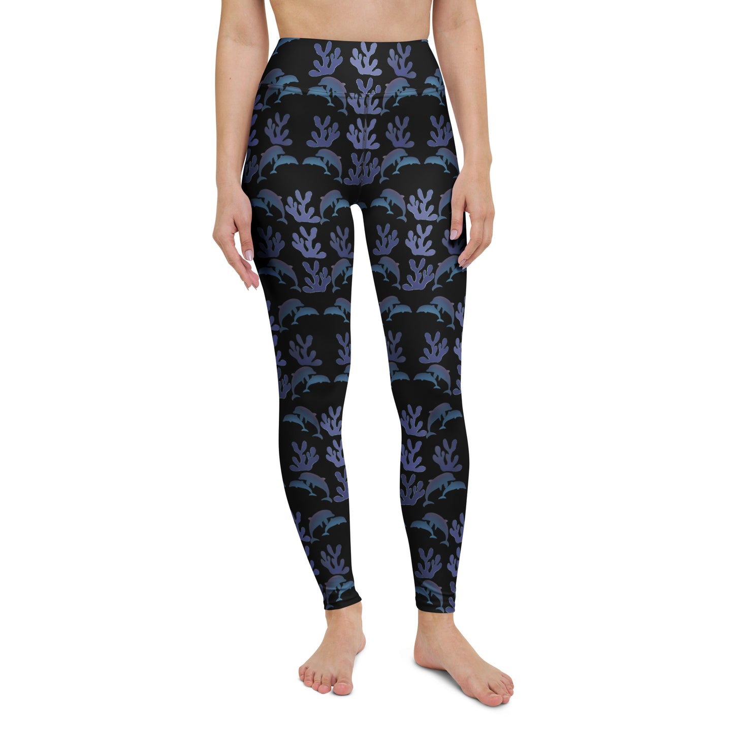 front view of model wearing coral reef dolphins yoga leggings in black