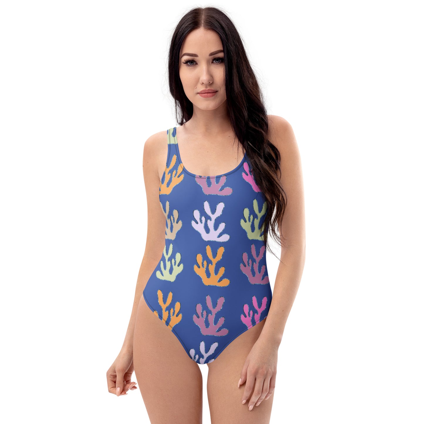 front view of model wearing coral reef one piece swimsuit in blue