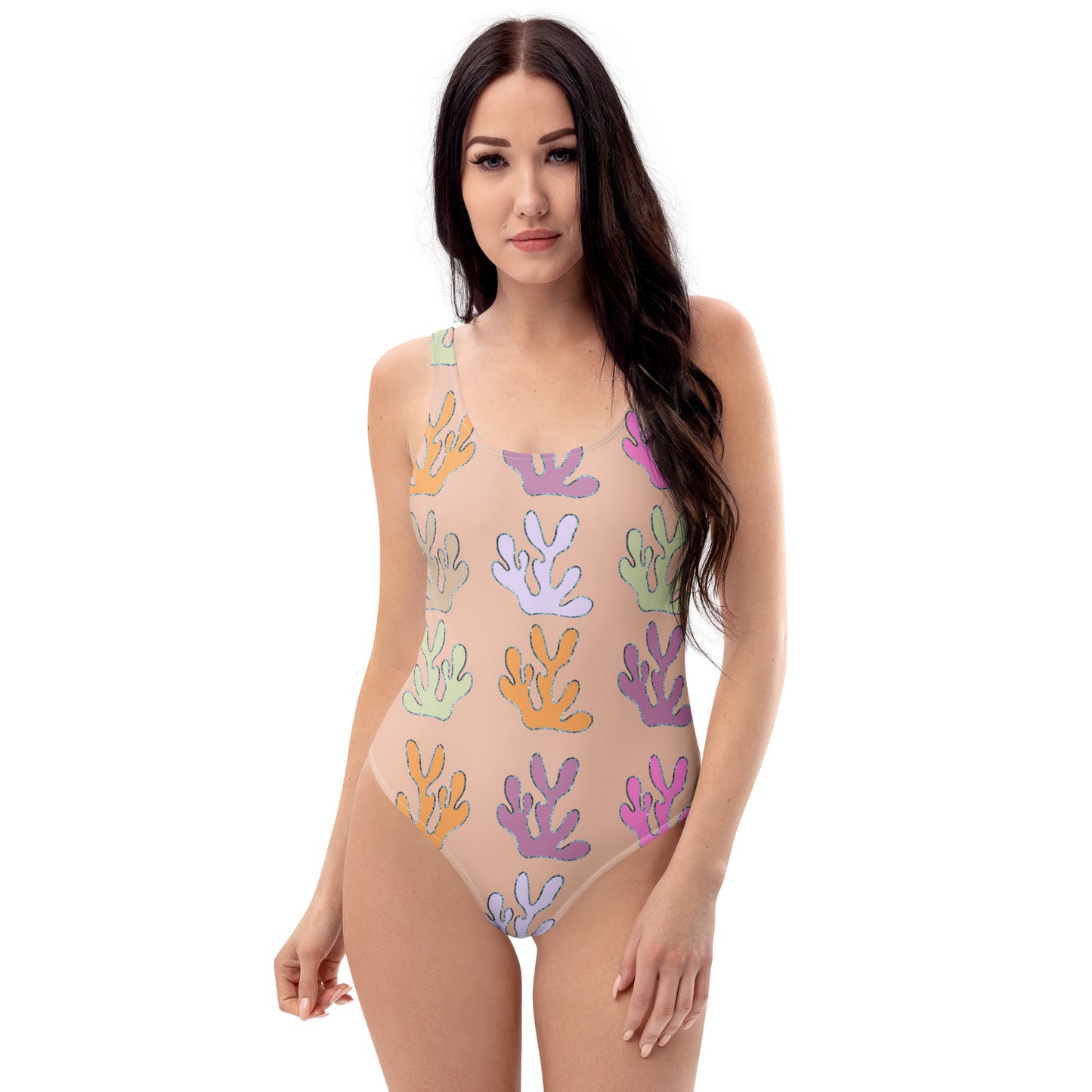 front view of model wearing coral reef swimsuit in peach