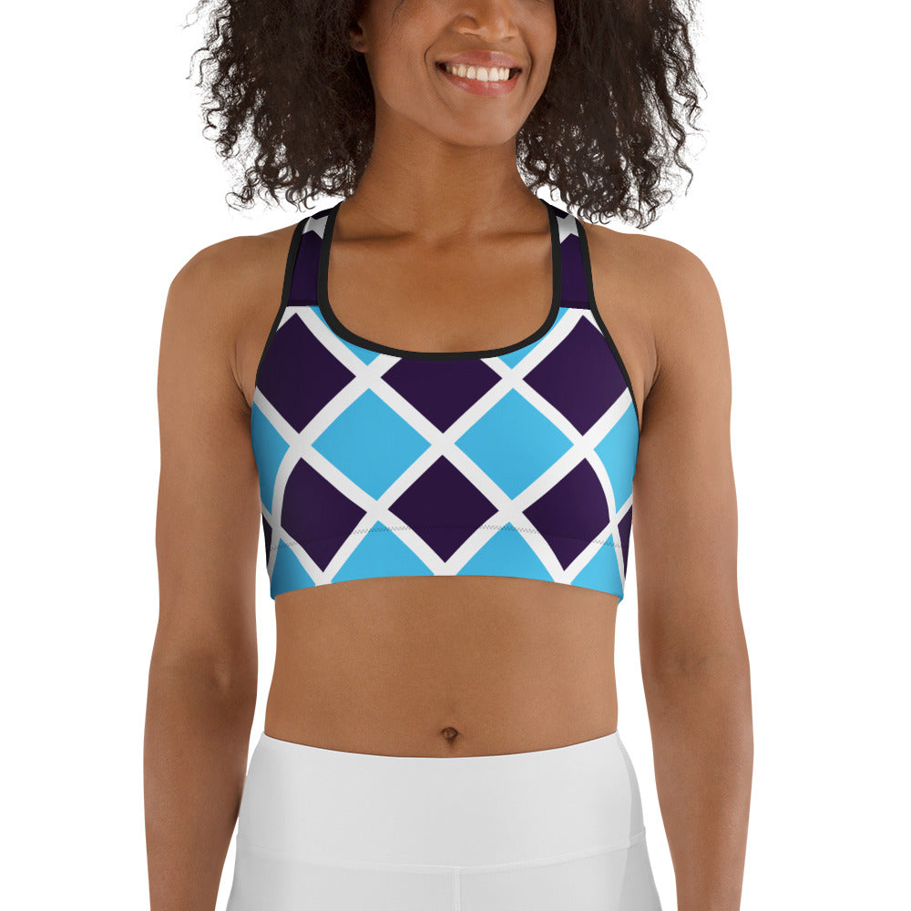 front view of model wearing purple diamond pattern sports bra