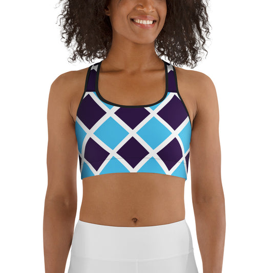 front view of model wearing purple diamond pattern sports bra