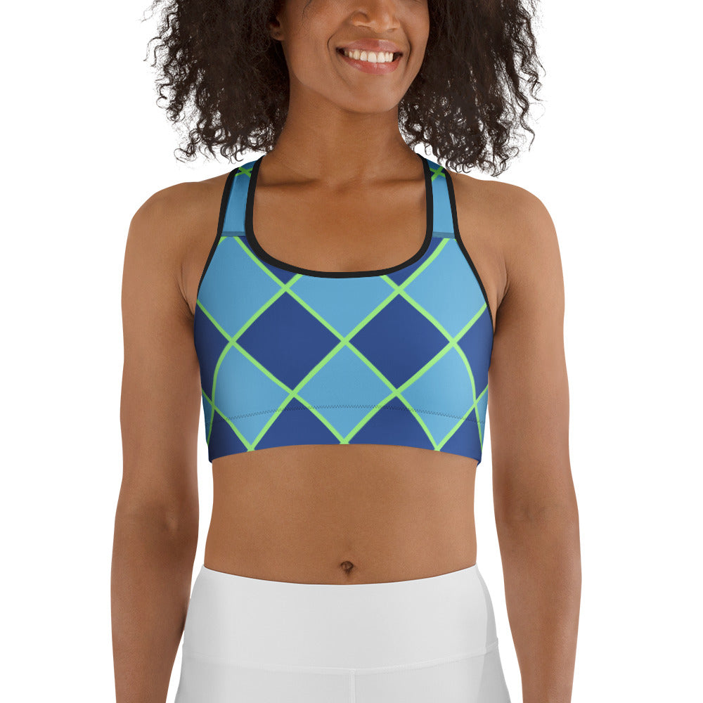 front view of model wearing bluesy diamond pattern sports bra