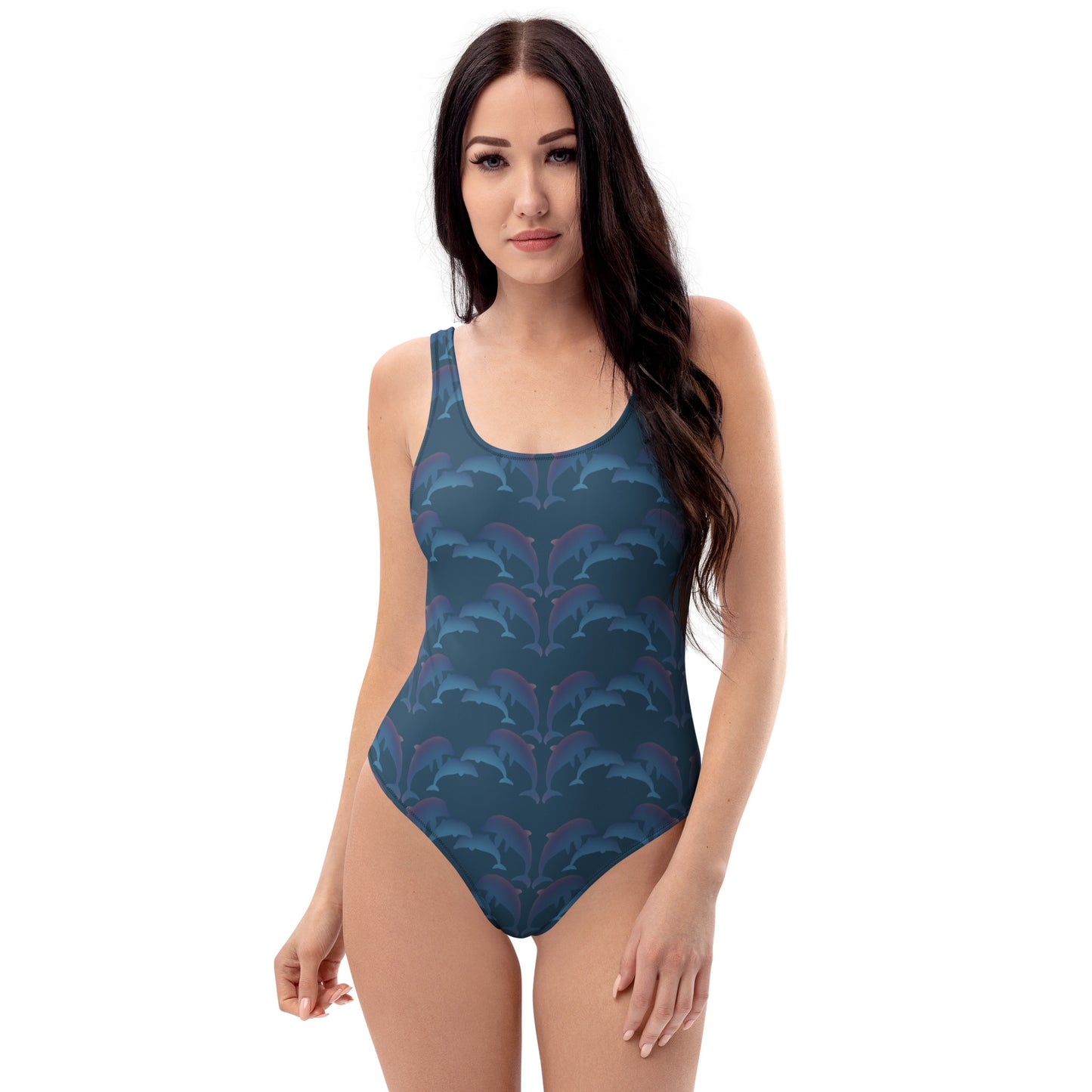  front view of model wearing dolphins one piece swimsuit in ocean green