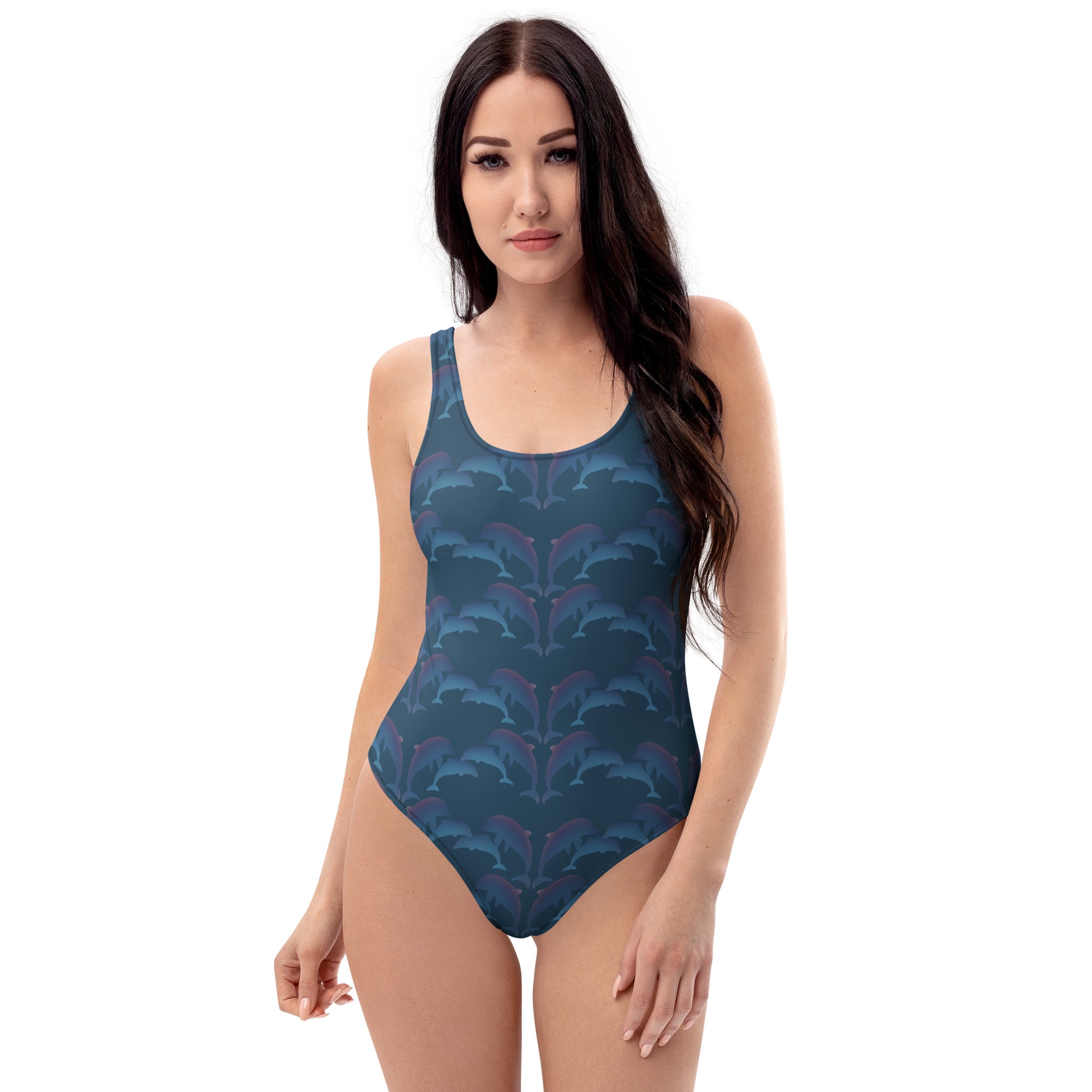  front view of model wearing dolphins one piece swimsuit in ocean green