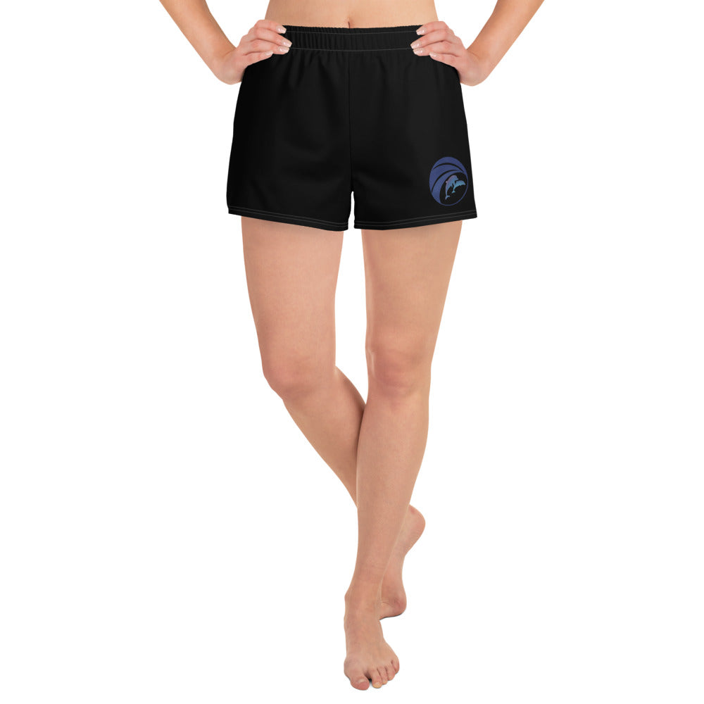 left front view of model wearing dolphins swim shorts in black