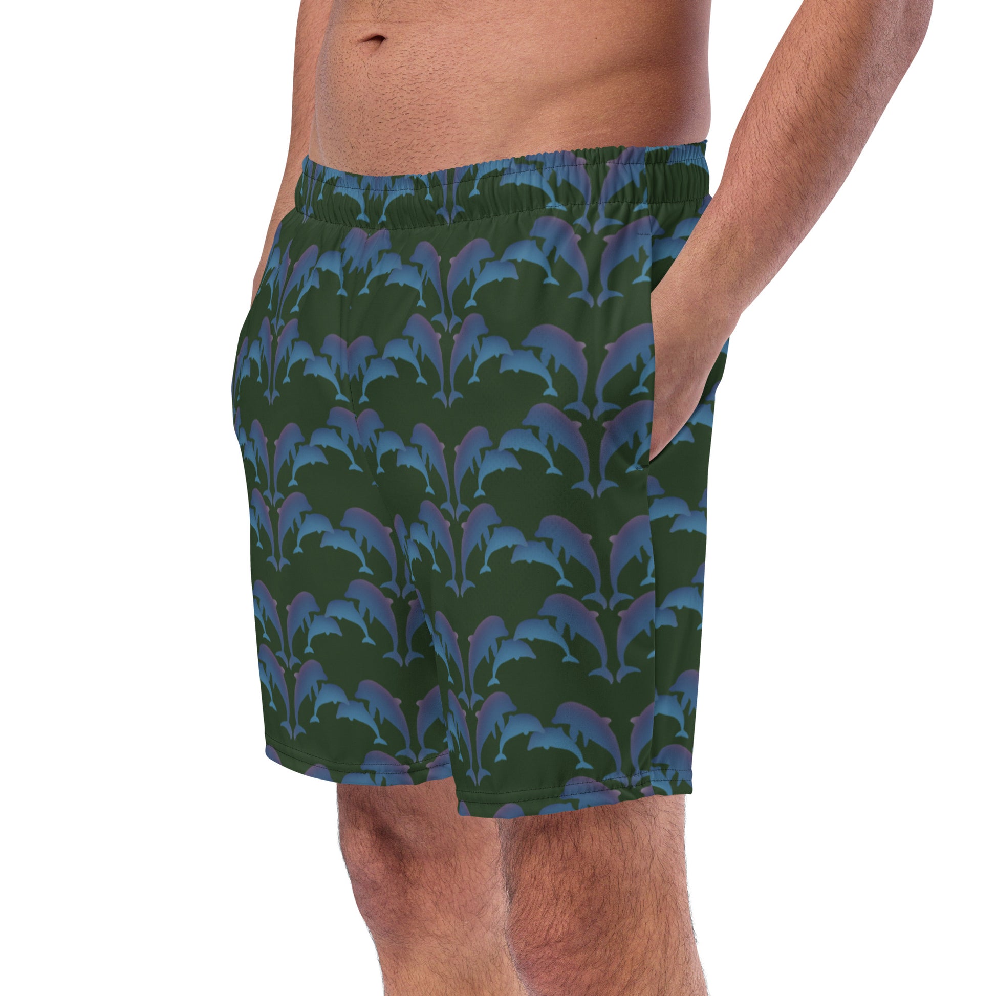 left front view of model wearing dolphins swim trunks in green
