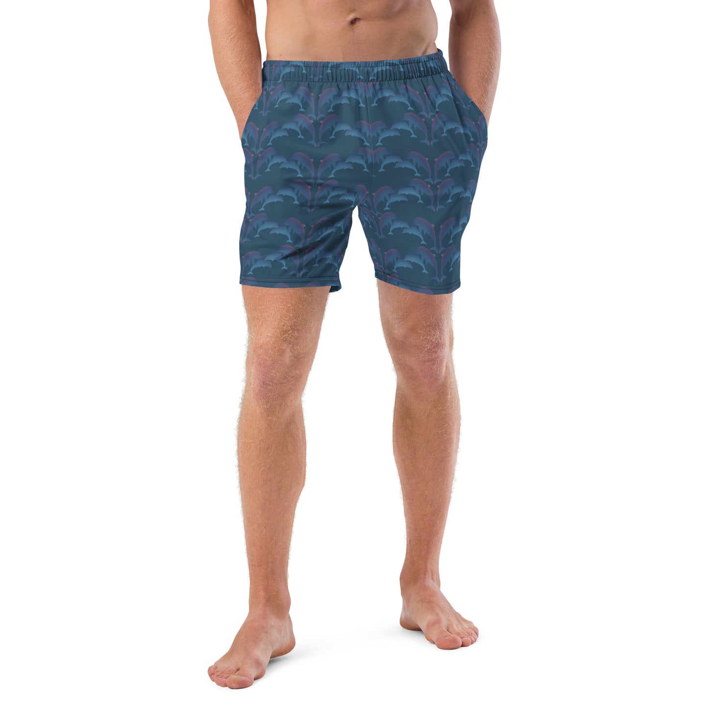 front view of model wearing dolphins swim trunks in green