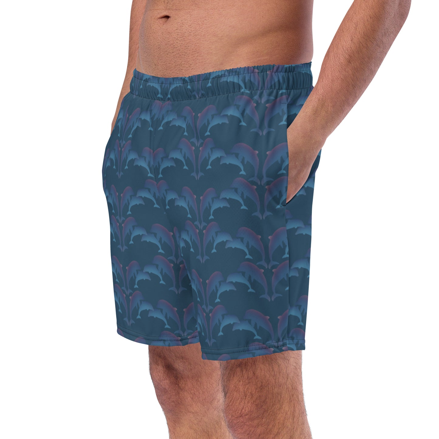 left front view of model wearing dolphins swim trunks in green