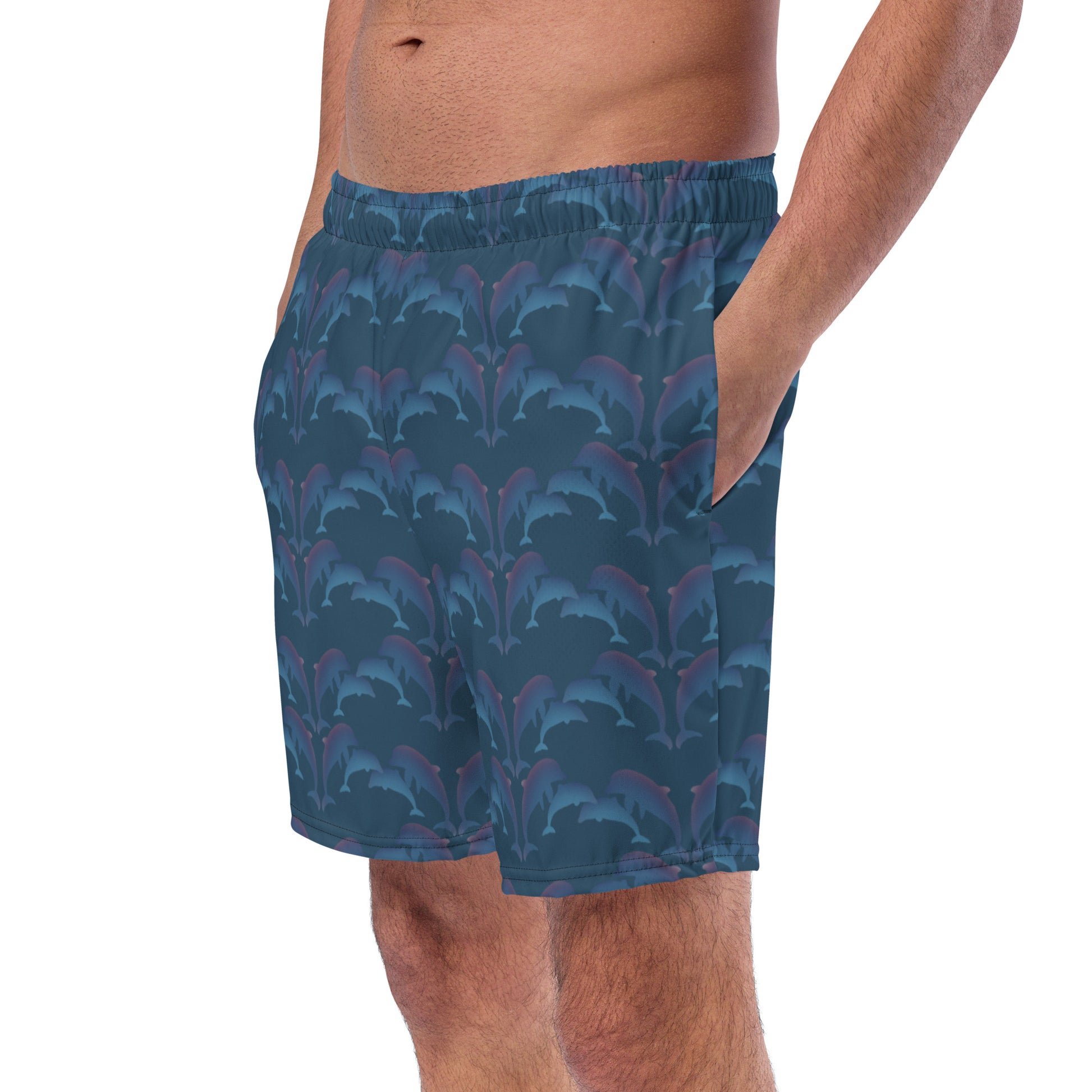 left front view of model wearing dolphins swim trunks in green