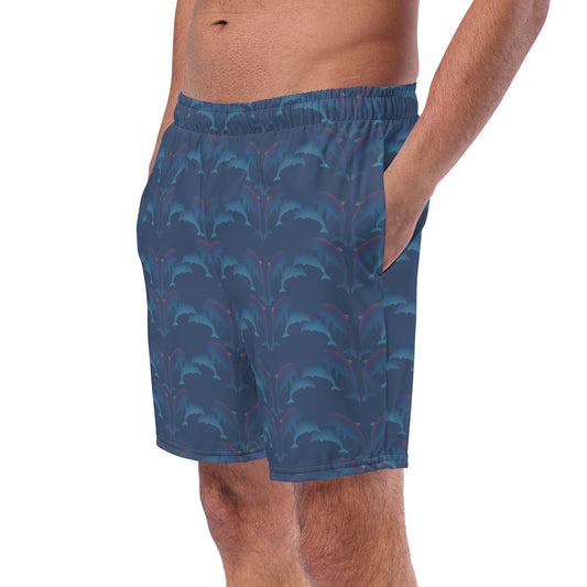 left front view of model wearing dolphins swim trunks in ocean blue