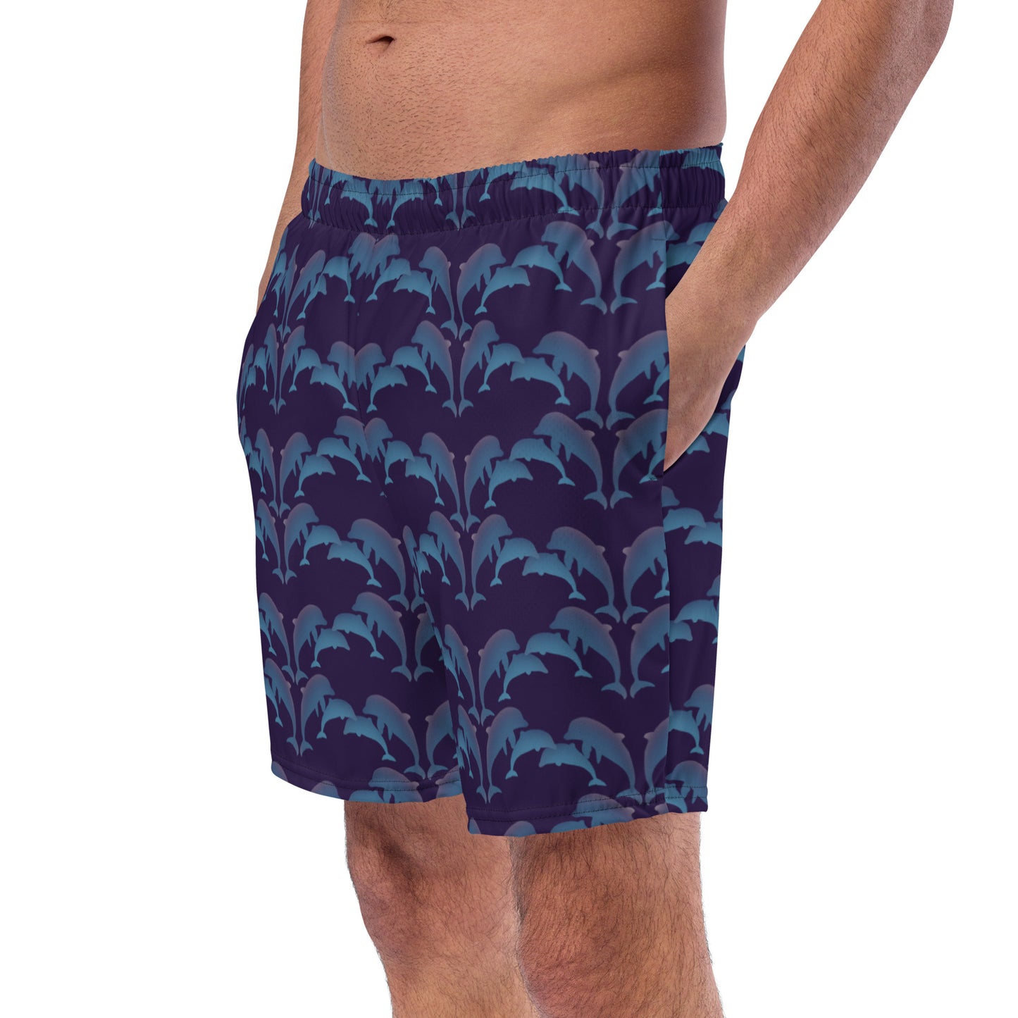 left front view of model wearing dolphins swim trunks in purple