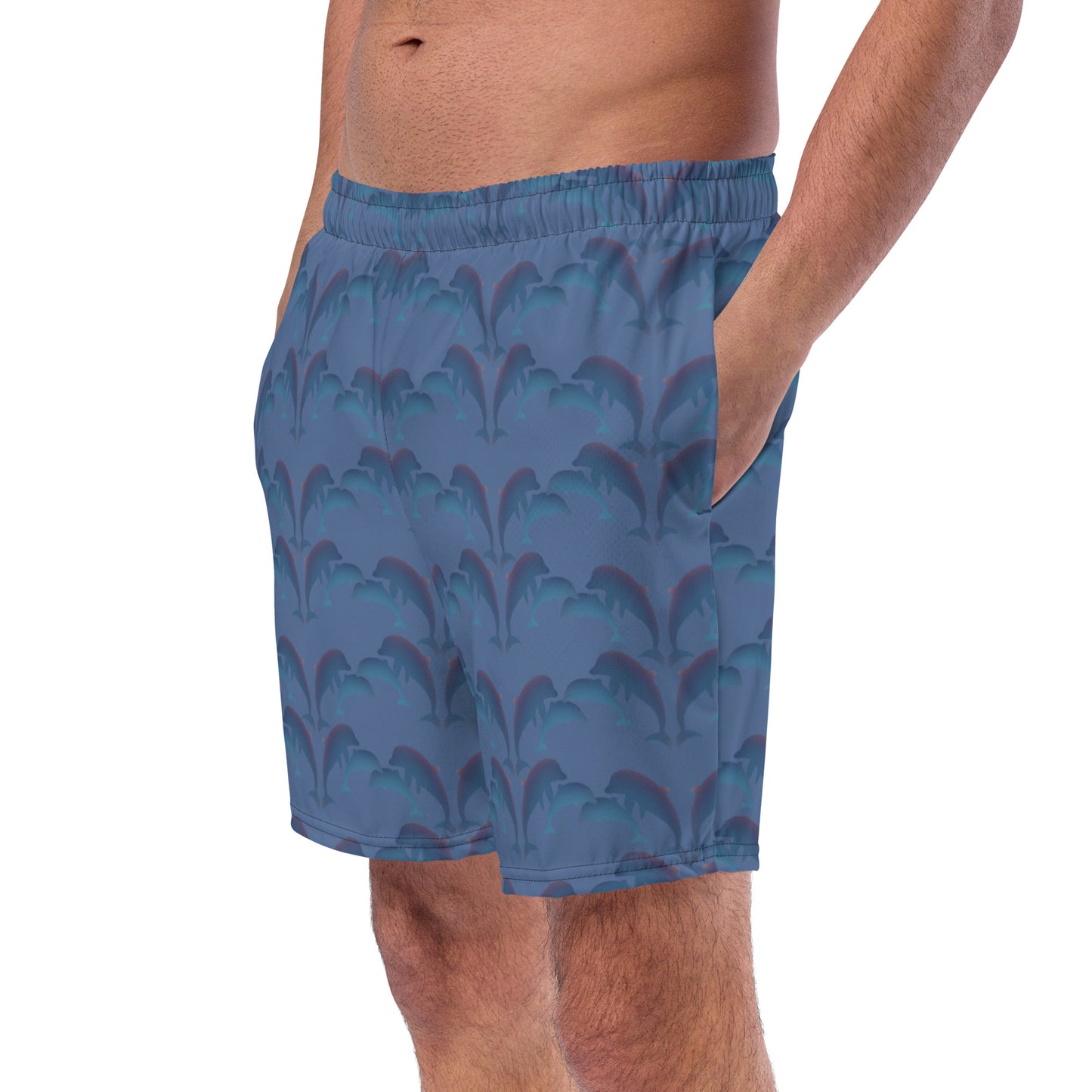 left front view of model wearing dolphins swim trunks in slate blue