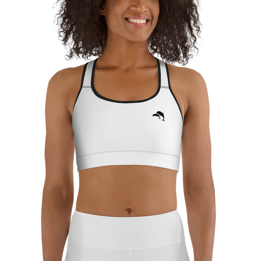  front view of model wearing dolphins wave cove logo sports bra in white