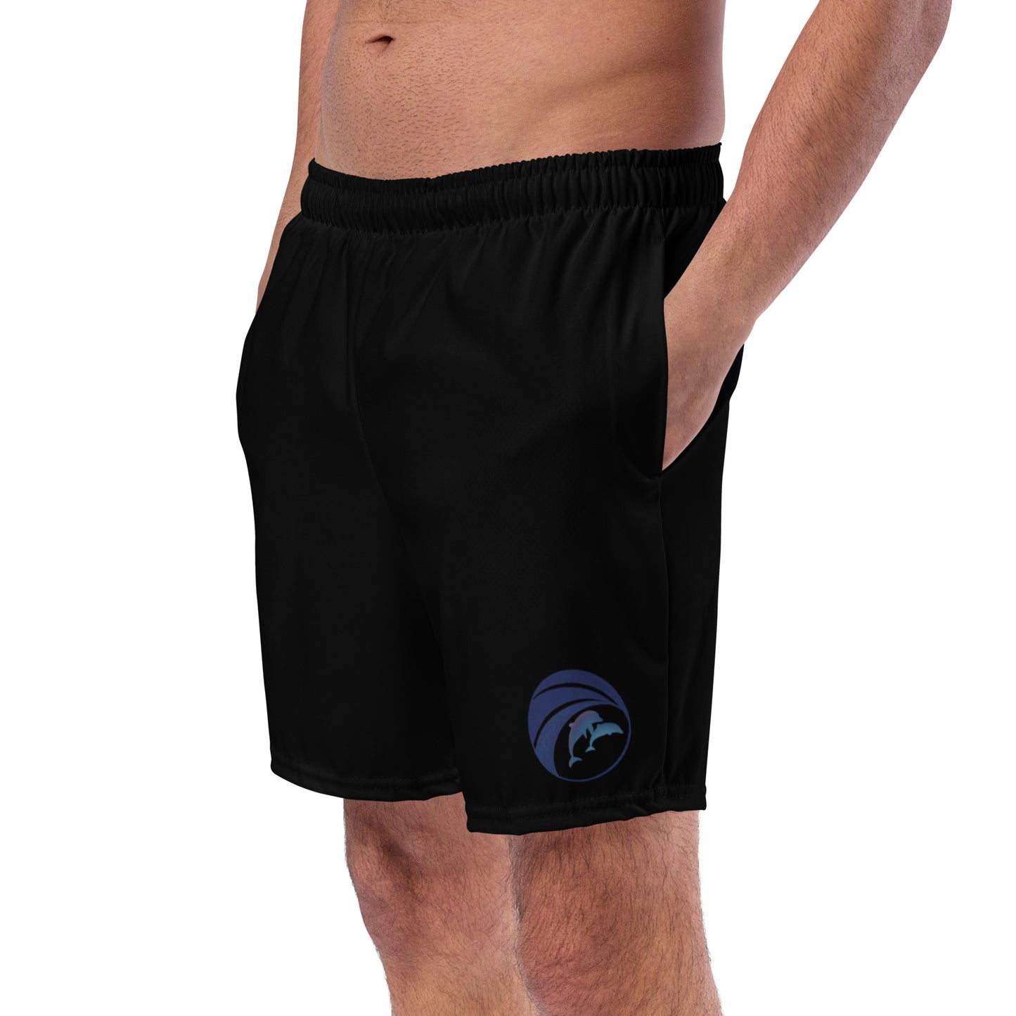 left front view of model wearing dolphins swim trunks in black