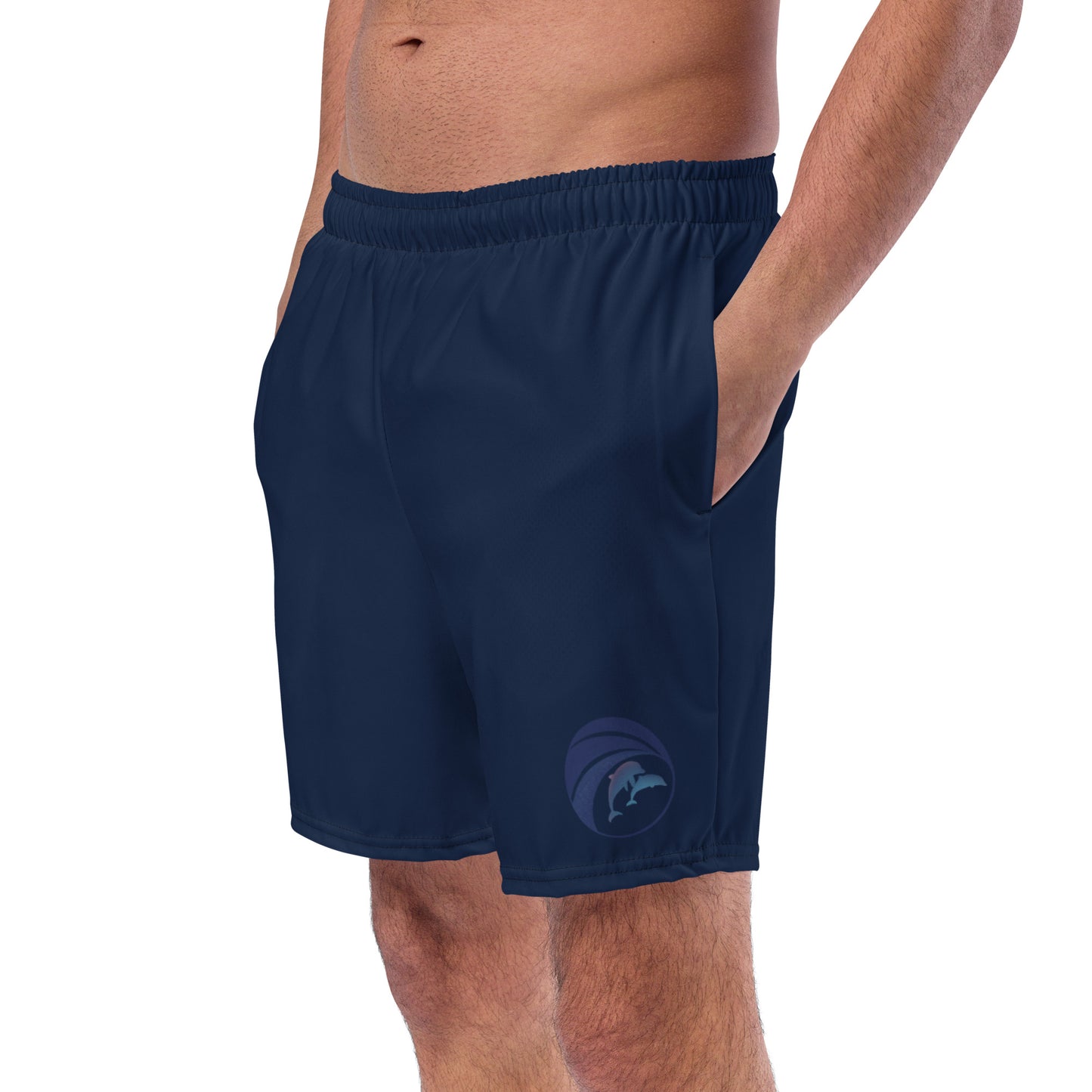 left front view of model wearing dolphins swim trunks in navy