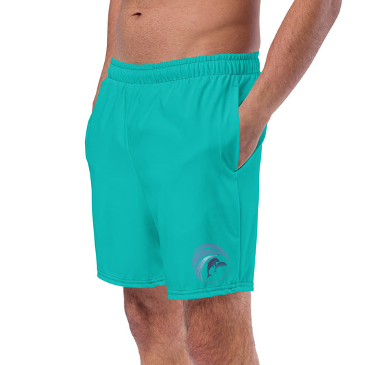 left front view of model wearing dolphins swim trunks in turquoise