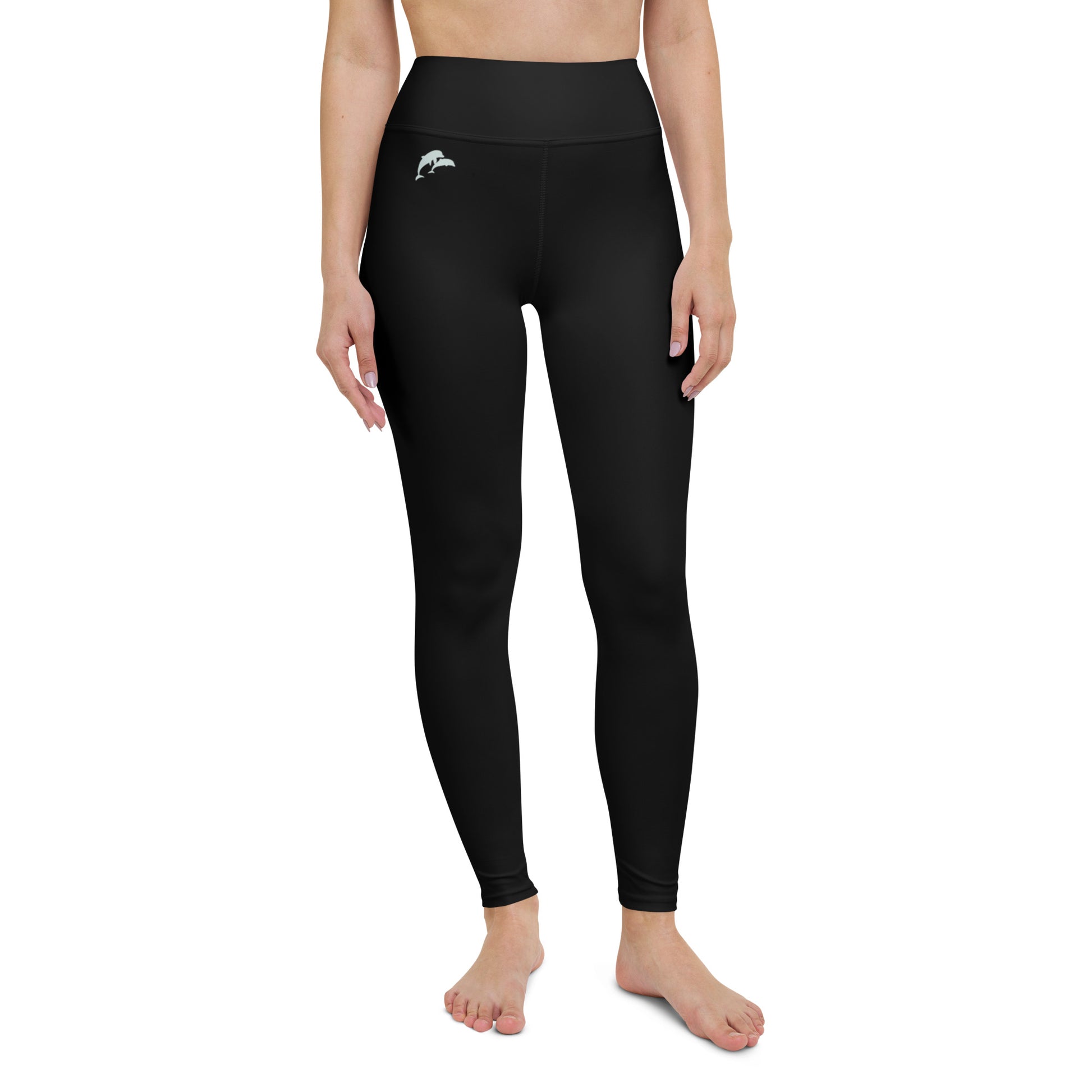 front view of model wearing dolphins yoga leggings in black
