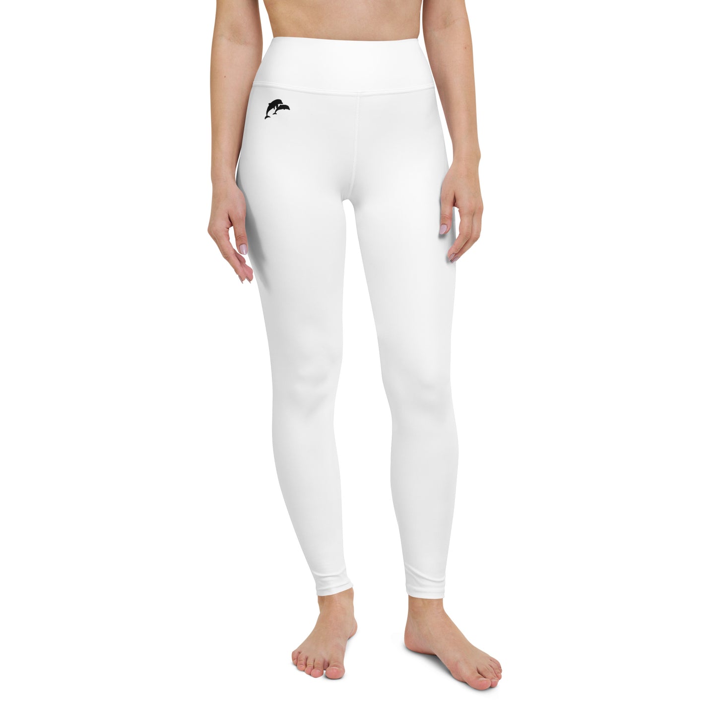front view of model wearing dolphins yoga leggings in white