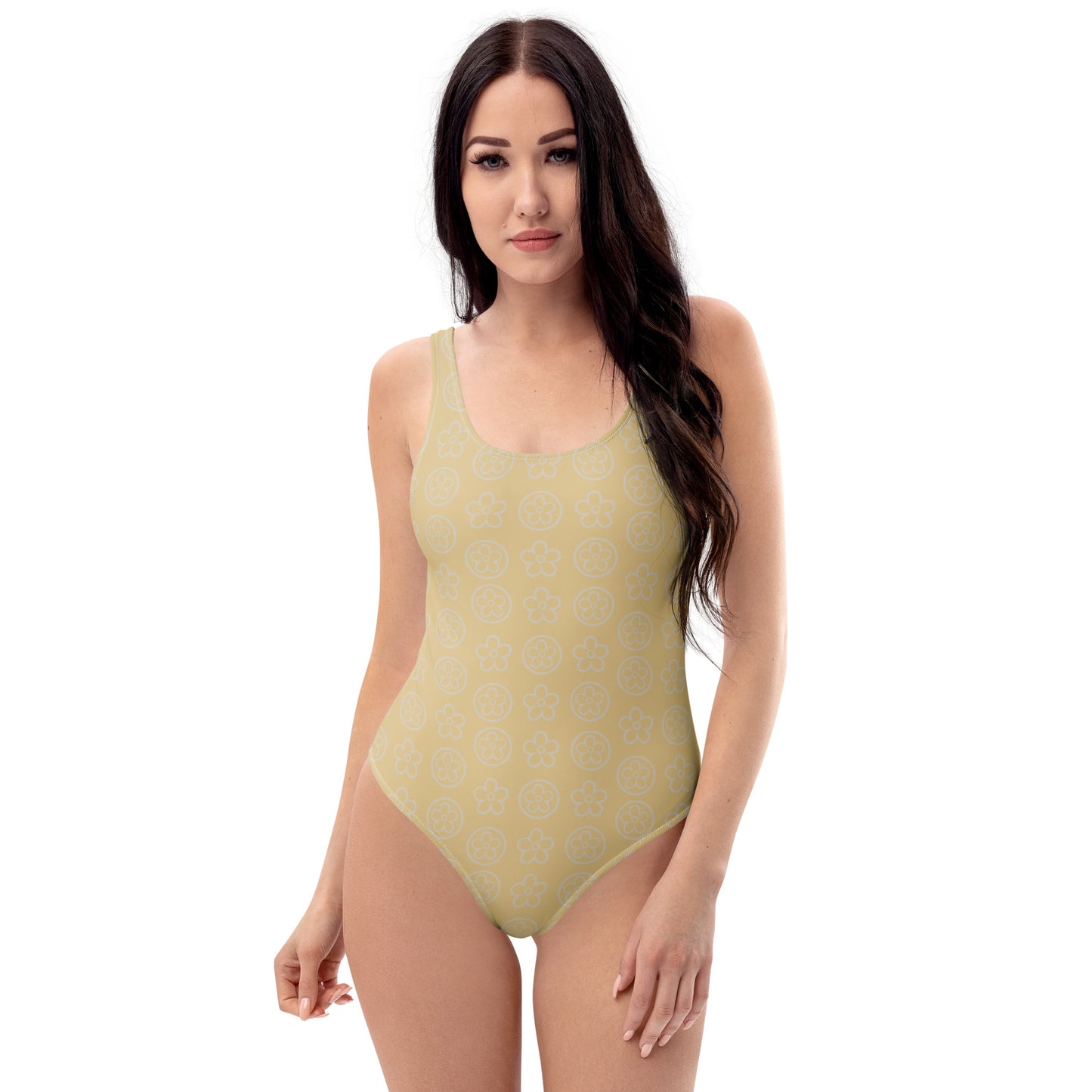 front view of model wearing beige floral  one-piece swimsuit
