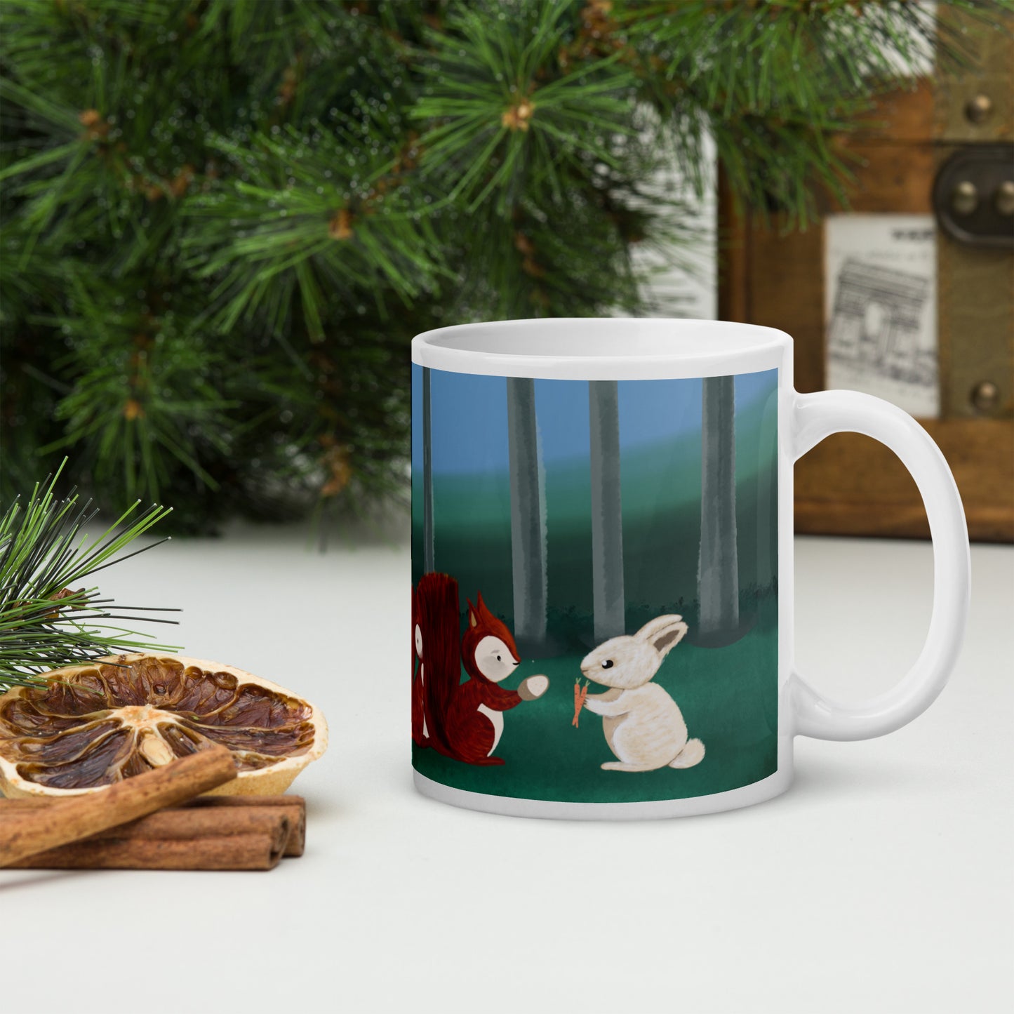 Forest Animals Adventure 2 Ceramic Mug featuring a forest scene with a rabbit and colourful Easter eggs