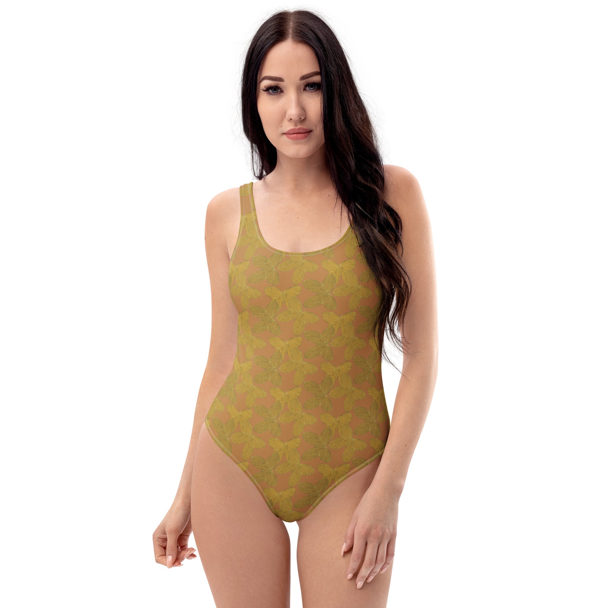 front view of model wearing gold butterfly one piece swimsuit in rose