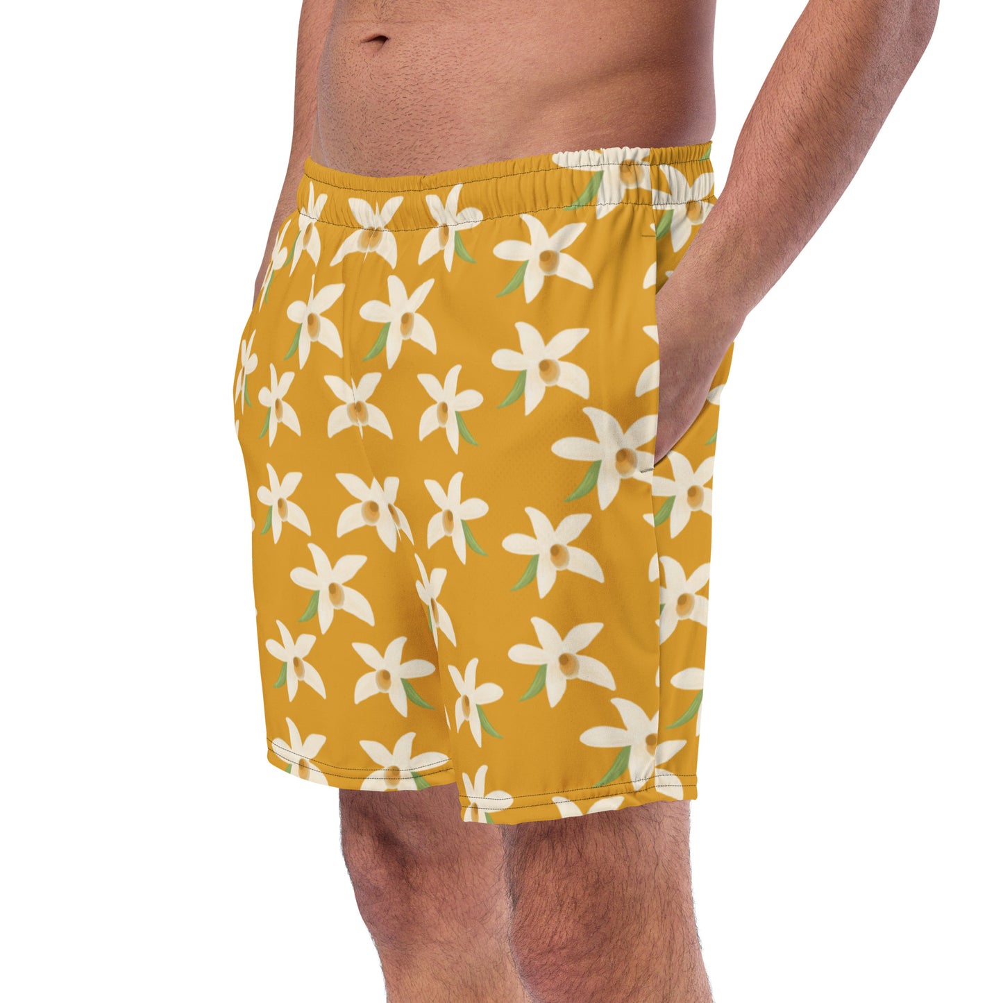 left front view of model wearing orchid swim trunks in yellow