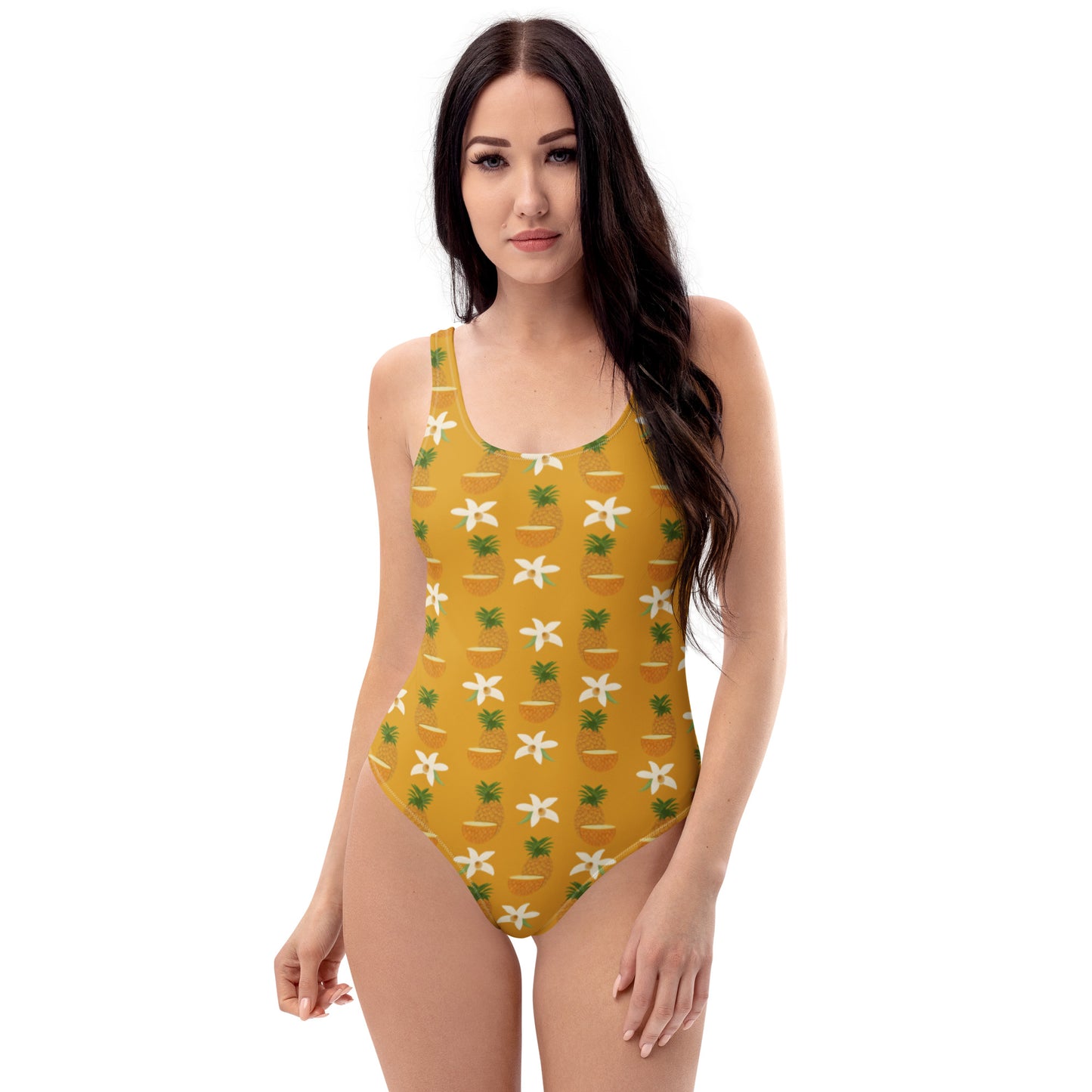 front view of model wearing pineapple one piece swimsuit in yellow