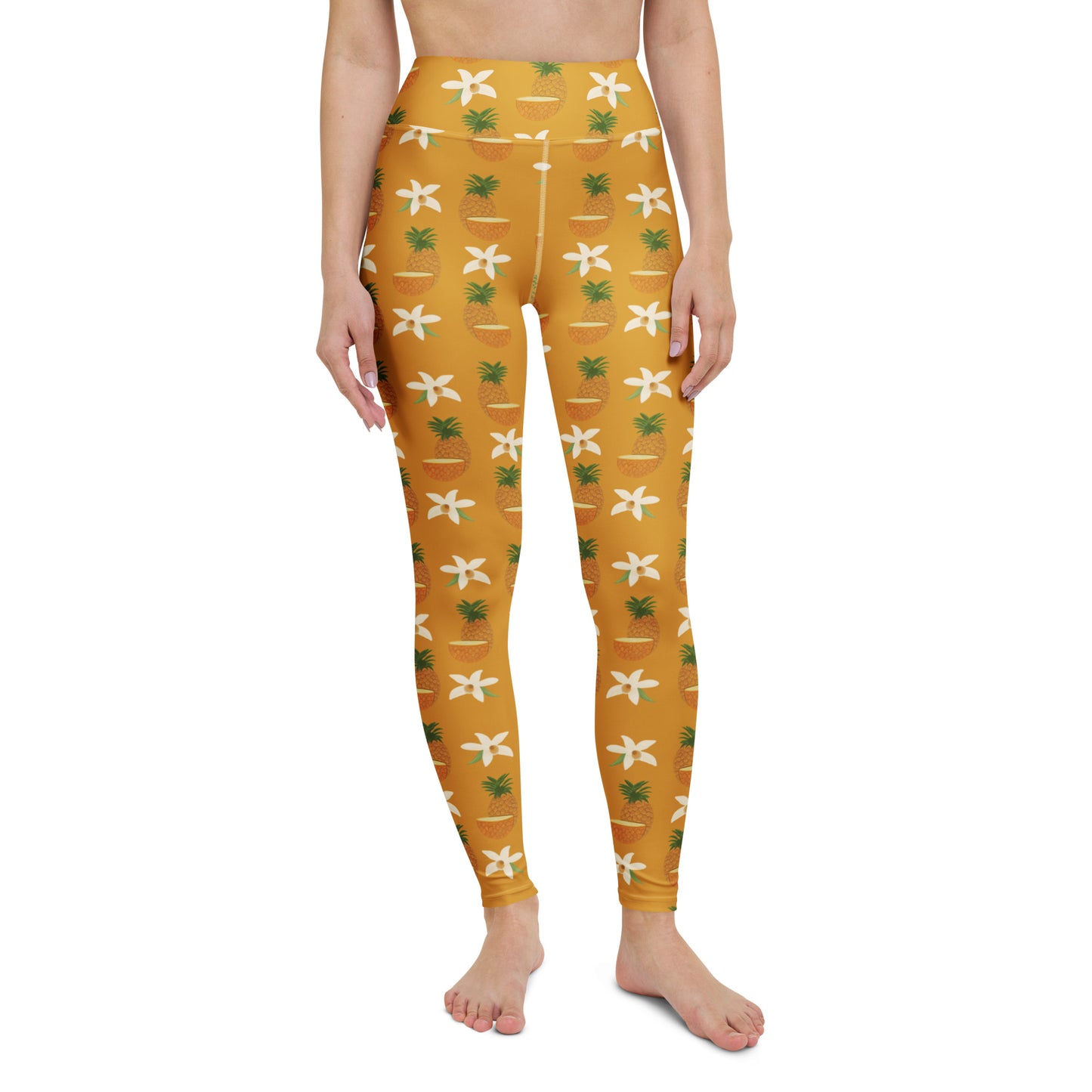 front view of model wearing pineapple yoga leggings