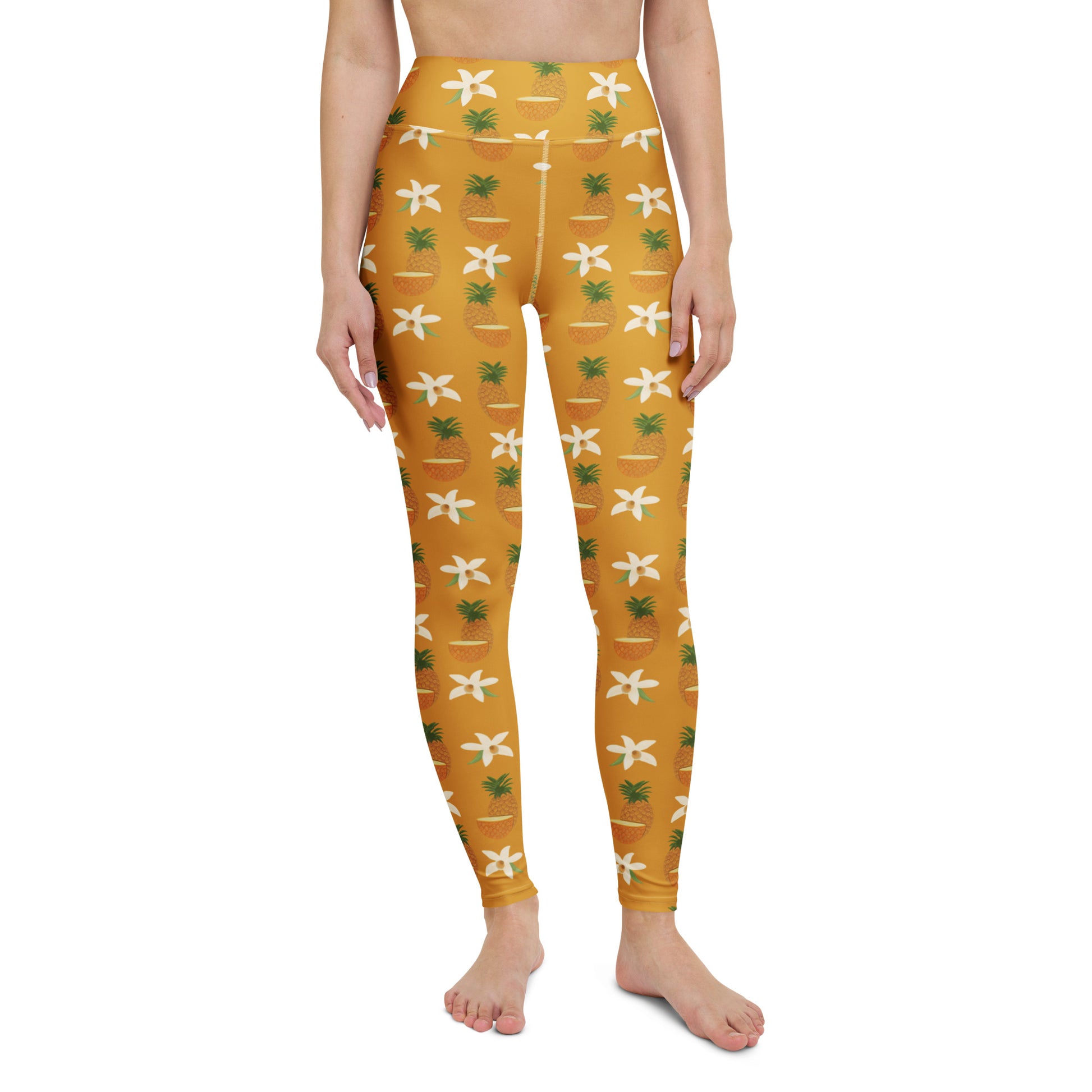front view of model wearing pineapple yoga leggings