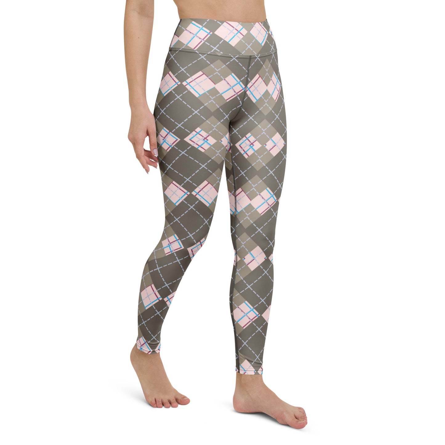 right front view of model wearing beige argyle yoga leggings