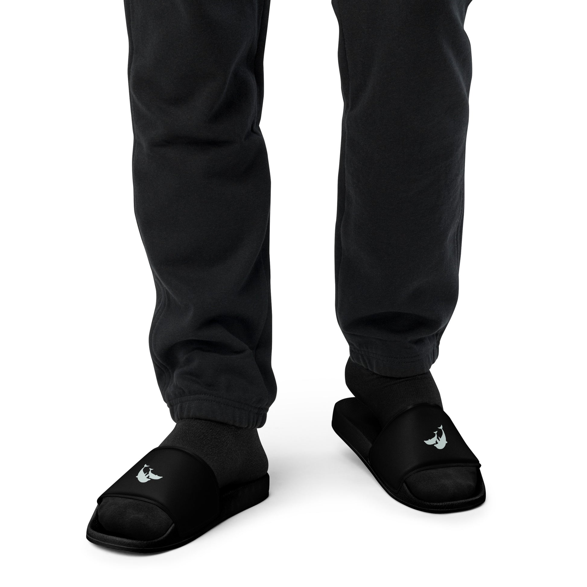 front view of model wearing dolphins sandals