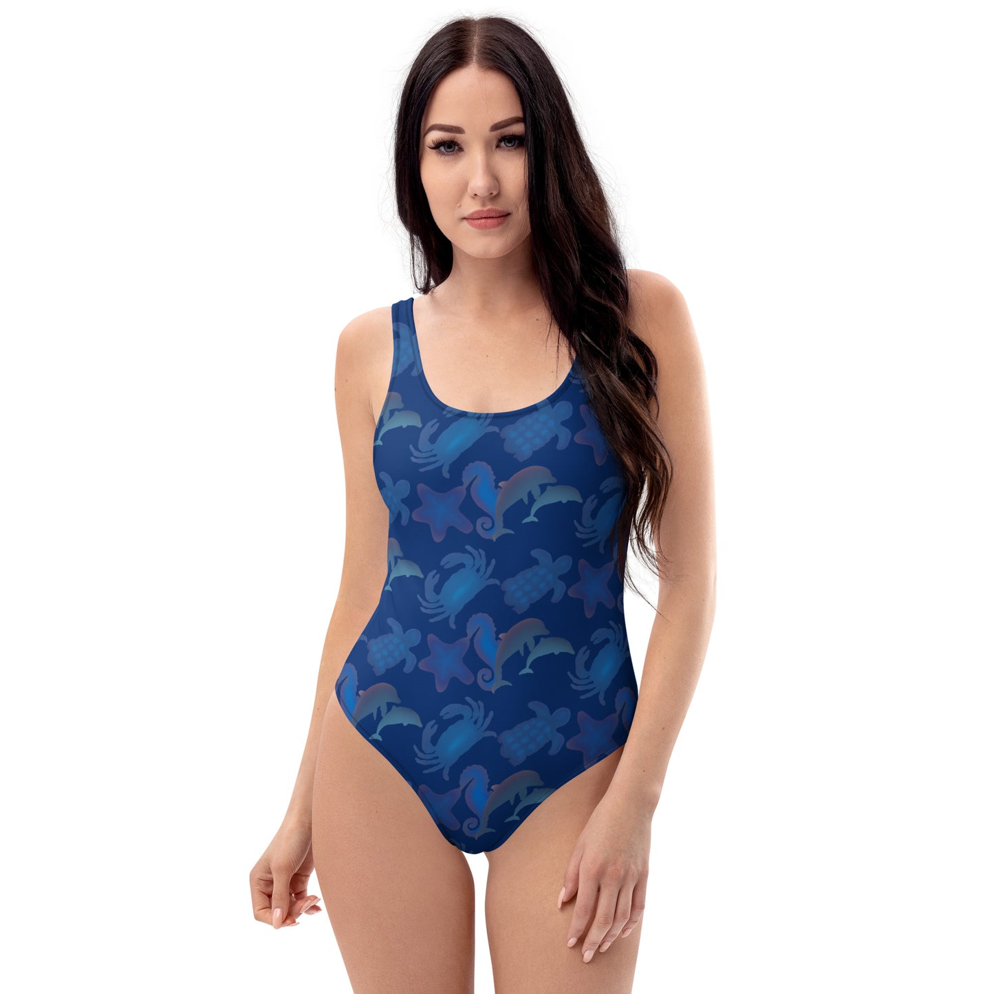  front view of model wearing seascape one piece swimsuit in navy