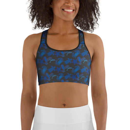 front view of model wearing seascape sports bra gray