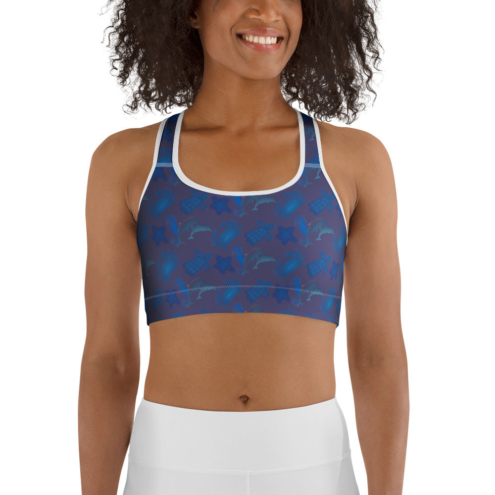 front view of model wearing seascape sports bra green