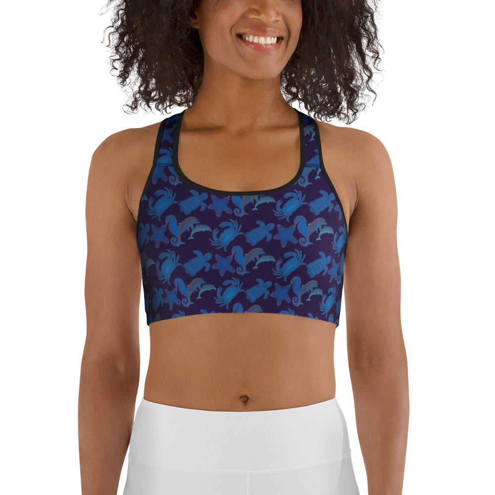 front view of model wearing seascape sports bra purple