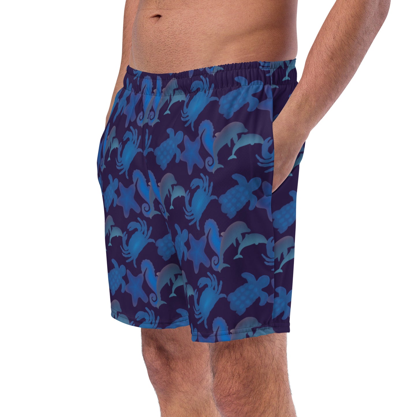 left front view of model wearing seascape swim trunks in purple